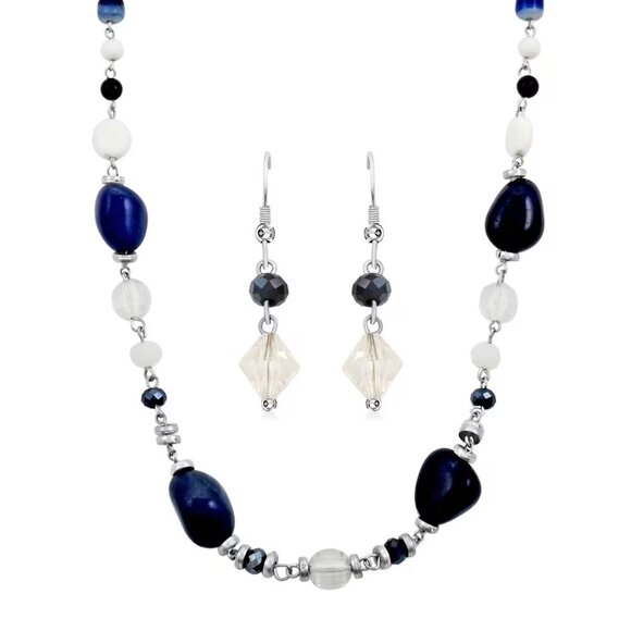 Jewelry - Woman's Sodalite Gemstone and Austrian Crystal Necklace & Earrings in Silvertone